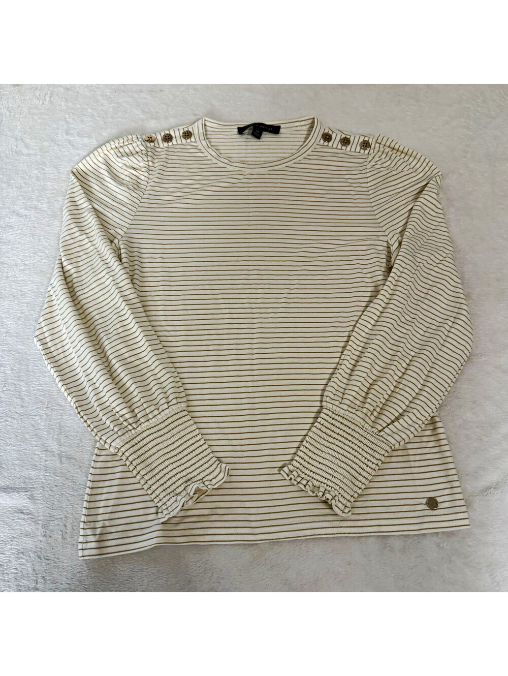 Tommy Hilfiger Womens S White/Gold Striped Knit Long Sleeve Pullover Top